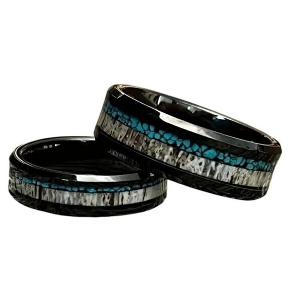 Tungsten Steel Carbide Crushed Turquoise & Deer Antler Center statement Ring - Picture 1 of 3